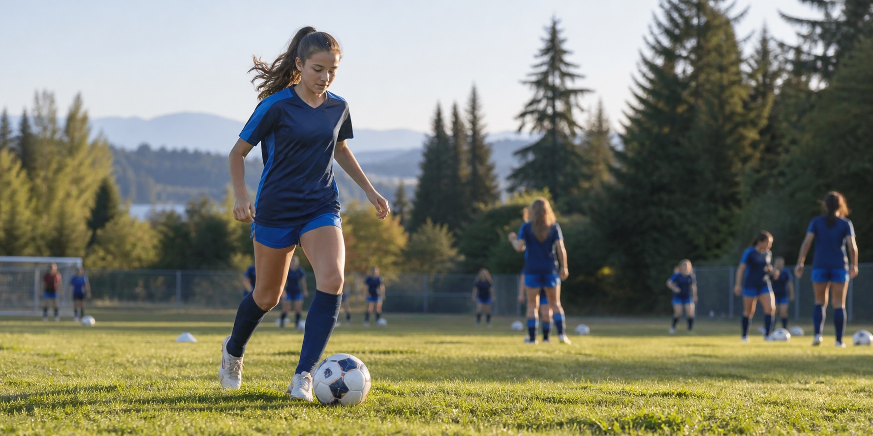 A youth soccer player practices ball control on a Washington field.
