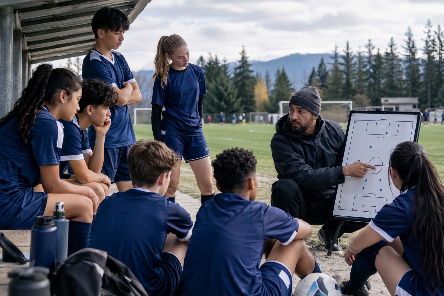 A youth soccer coach explains a field plan to players beside a tactics board.